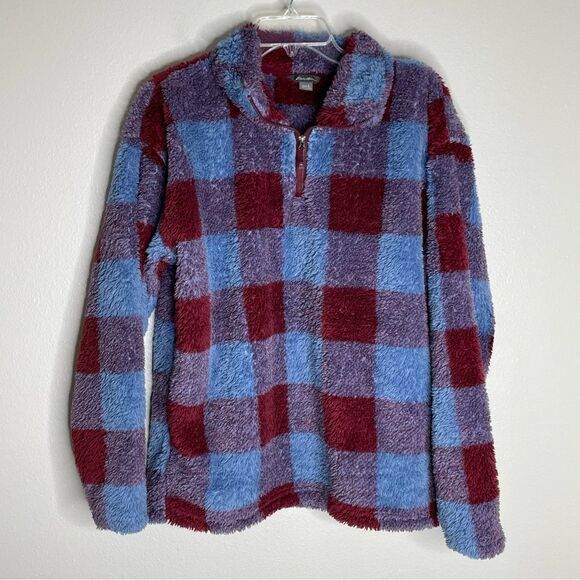 Eddie Bauer Blue Red Plaid Quest Fleece Quarter Zip Pullover Size Large - Picture 4 of 16